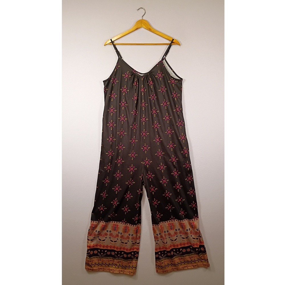 Boho Floral ANRABESS Women Large Black Wide Leg Adjustable‎ Strap Jumpsuit